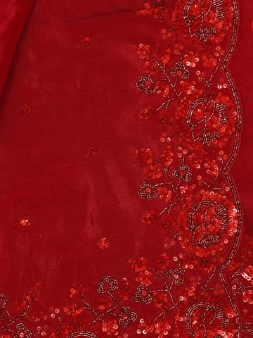 Red Organza Silk Saree Embellished with Floral Embroidery Border - Diadem