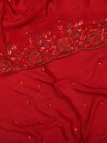Red Organza Silk Saree Embellished with Floral Embroidery Border - Diadem