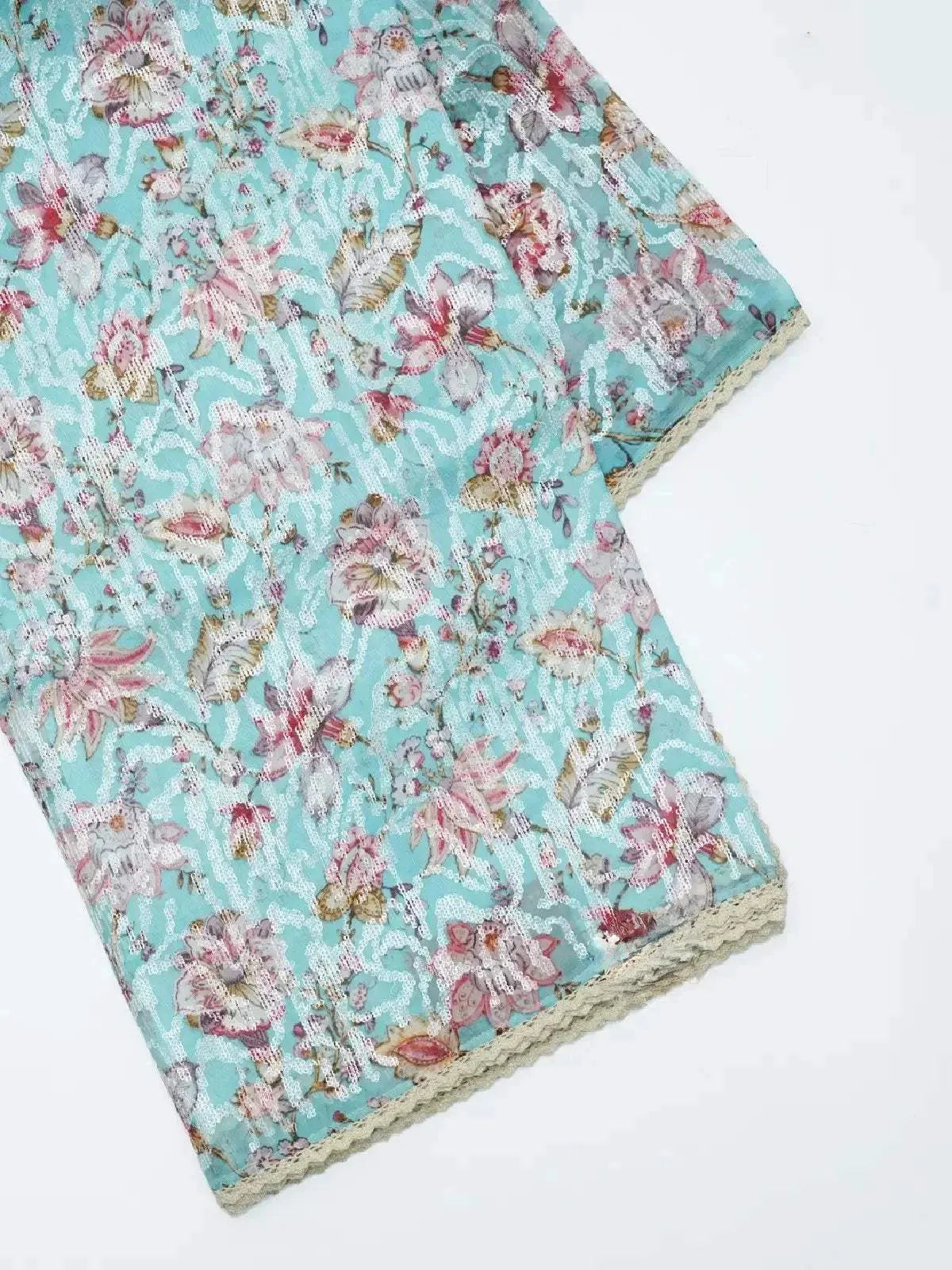 Light Blue Organza Silk Saree with Floral Prints and Sequins - Diadem