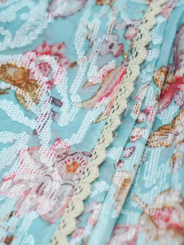 Light Blue Organza Silk Saree with Floral Prints and Sequins - Diadem