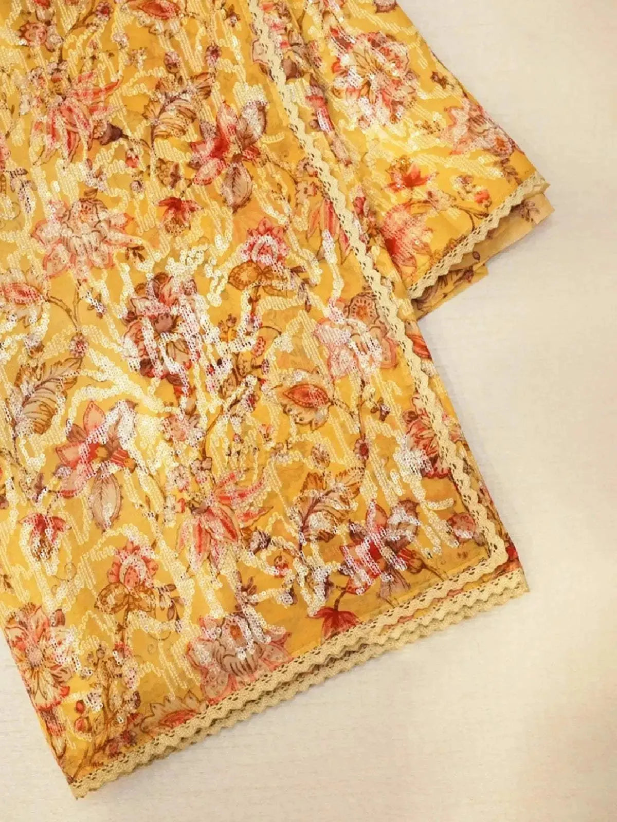 Mustard Yellow Organza Silk Saree Adorned with Floral Prints and Sequins and Design Border - Diadem