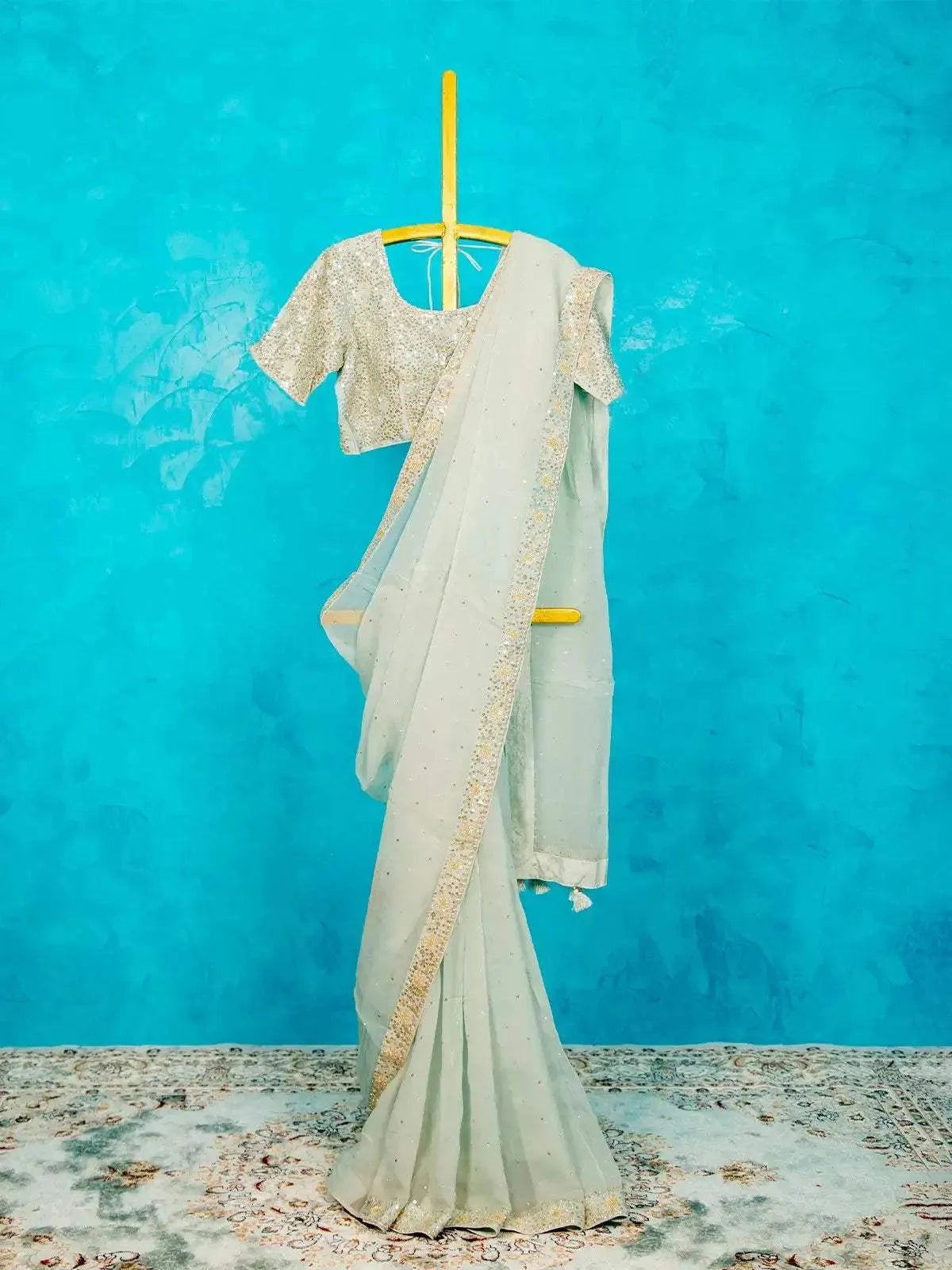 Mint Organza Saree Embellished with Sequins Border along with Designer Blouse - Diadem