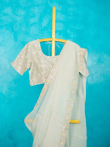Mint Organza Saree Embellished with Sequins Border along with Designer Blouse - Diadem