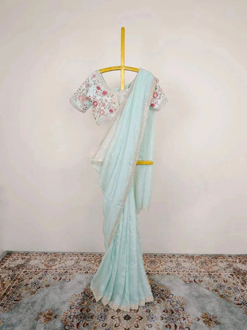 Light Blue Organza Saree with Sequins and Beads Embellished Border paired with Designer Blouse - Diadem