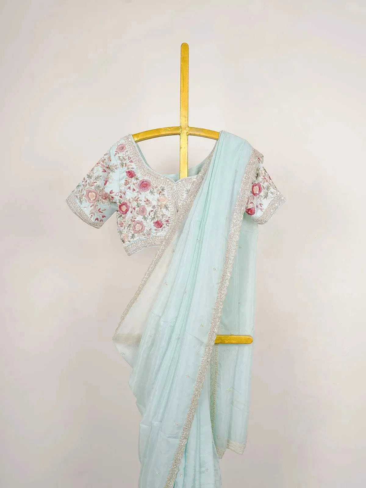 Light Blue Organza Saree with Sequins and Beads Embellished Border paired with Designer Blouse - Diadem
