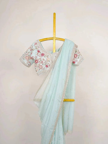 Light Blue Organza Saree with Sequins and Beads Embellished Border paired with Designer Blouse - Diadem