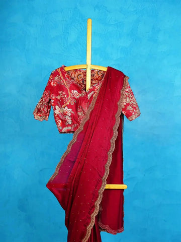 Reddish Pink Chiffon Georgette Saree with Embroidery Border and Velvet Designer Blouse - Diadem