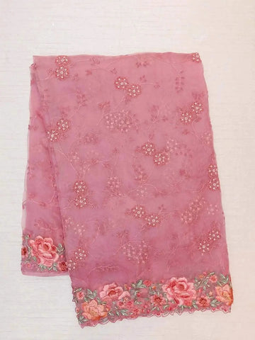 Pink Organza Silk Saree Embellished in Floral Embroidery Border - Diadem