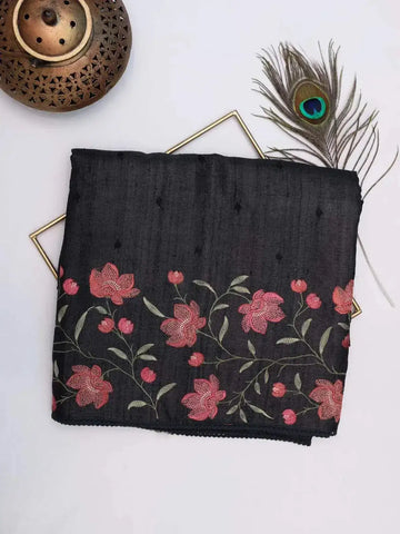 Black Tussar Silk Saree with Floral Thread Work and Embroidery Border - Diadem