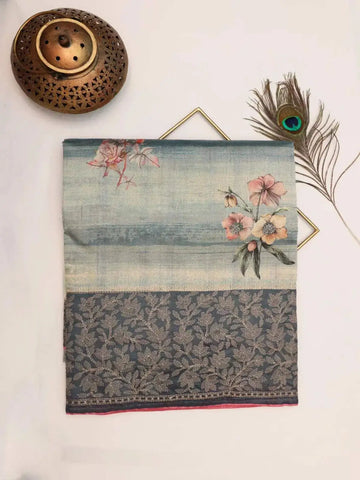 Blue with Grey Tussar Silk Saree with Floral Prints and Embroidery Border - Diadem