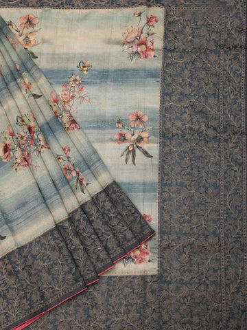 Blue with Grey Tussar Silk Saree with Floral Prints and Embroidery Border - Diadem
