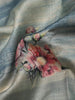 Blue with Grey Tussar Silk Saree with Floral Prints and Embroidery Border - Diadem