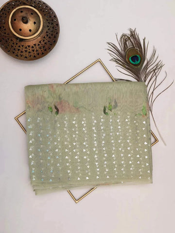 Pista Green Tussar Silk Saree with Floral Printed design on the body and Sequins Border - Diadem