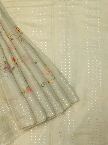 Pista Green Tussar Silk Saree with Floral Printed design on the body and Sequins Border - Diadem