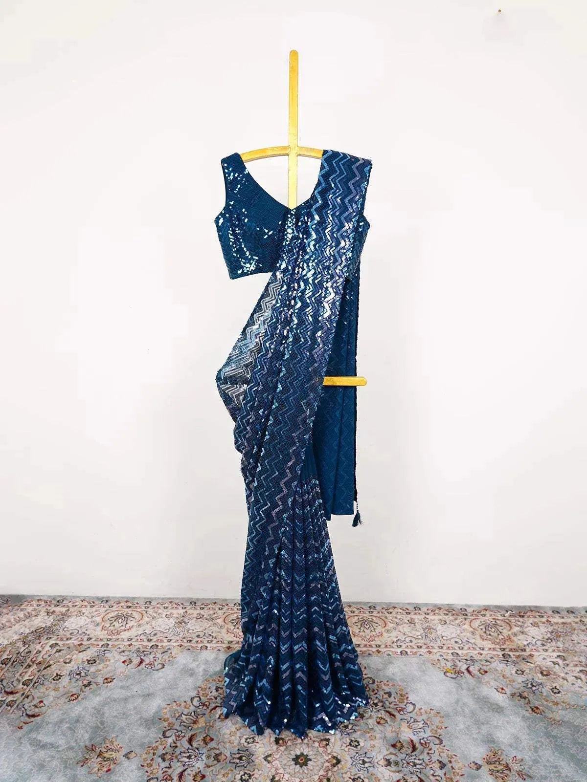 Peacock Blue Georgette Saree with Multicolor Sequins & Chevron Pattern and Designer Blouse - Diadem