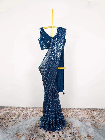 Peacock Blue Georgette Saree with Multicolor Sequins & Chevron Pattern and Designer Blouse - Diadem