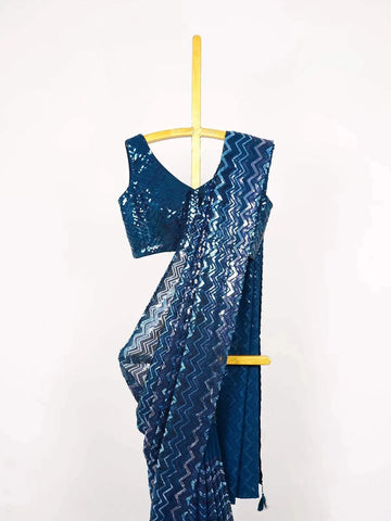 Peacock Blue Georgette Saree with Multicolor Sequins & Chevron Pattern and Designer Blouse - Diadem