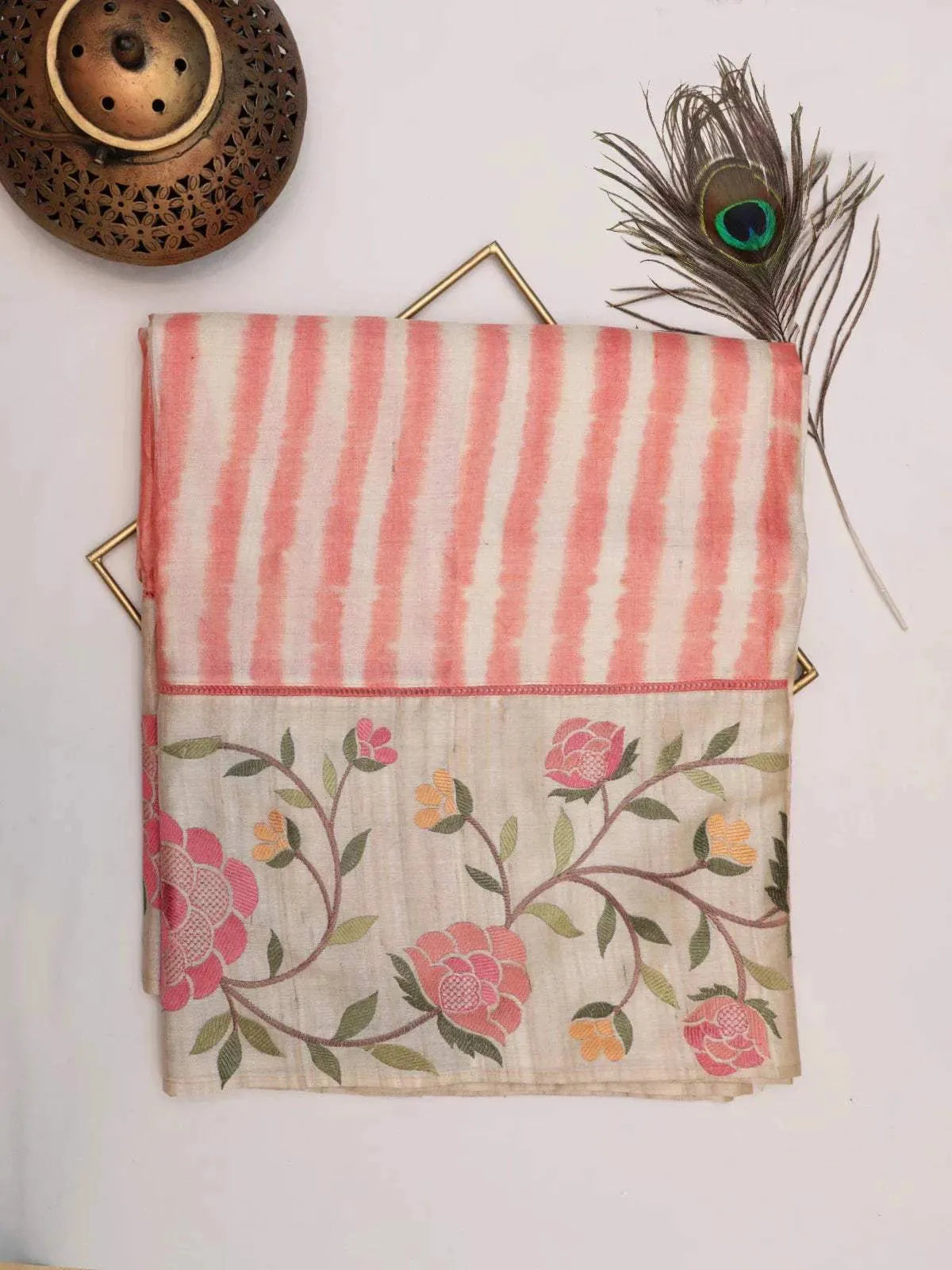 Sandal with Tomato Red Tussar Silk Saree with Floral Prints Border - Diadem