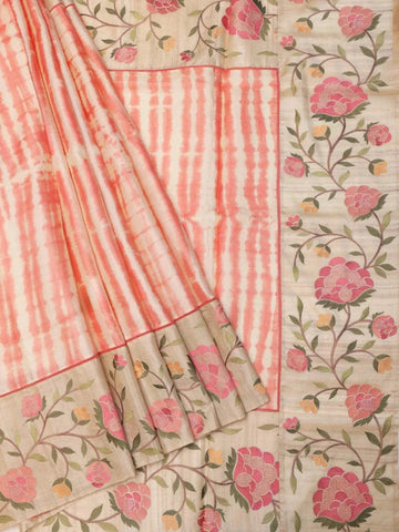 Sandal with Tomato Red Tussar Silk Saree with Floral Prints Border - Diadem