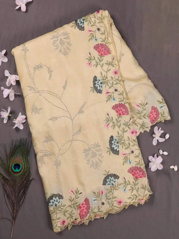 Light Yellow Pure Tussar Silk Saree with Floral Embroidery - Diadem
