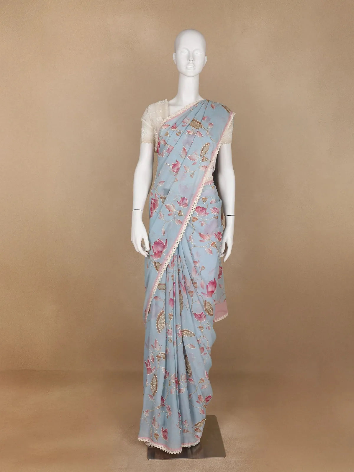 Pale Blue Floral Designed Georgette Fancy Saree - Diadem