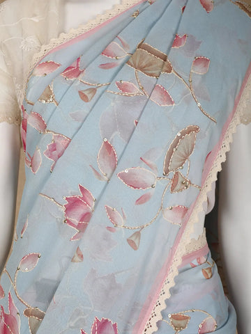 Pale Blue Floral Designed Georgette Fancy Saree - Diadem