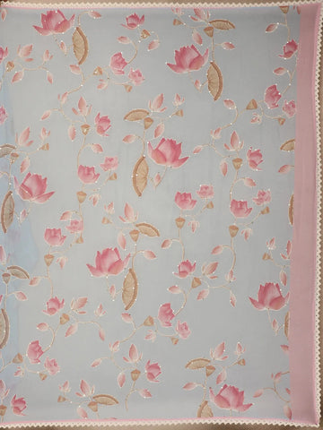 Pale Blue Floral Designed Georgette Fancy Saree - Diadem