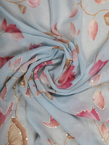 Pale Blue Floral Designed Georgette Fancy Saree - Diadem