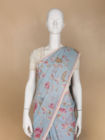 Pale Blue Floral Designed Georgette Fancy Saree - Diadem