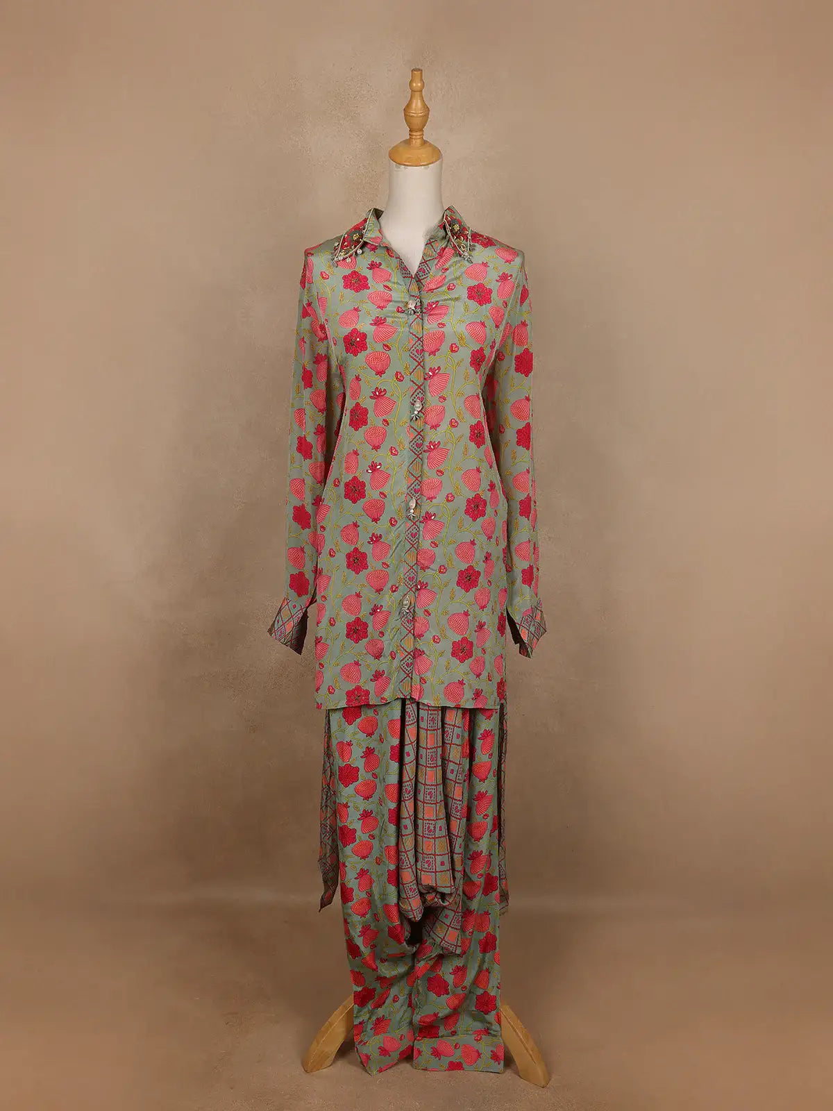 Pale Green Floral Designed Semi Silk Salwar Suit - Diadem