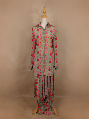 Pale Green Floral Designed Semi Silk Salwar Suit - Diadem