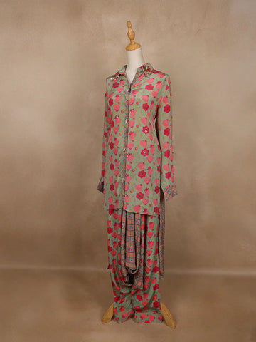 Pale Green Floral Designed Semi Silk Salwar Suit - Diadem