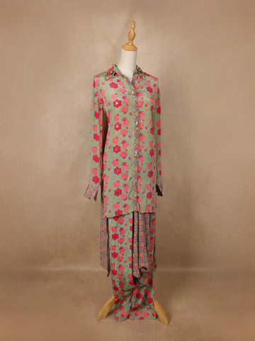 Pale Green Floral Designed Semi Silk Salwar Suit - Diadem