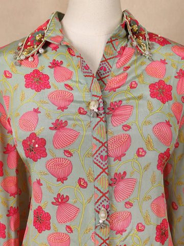 Pale Green Floral Designed Semi Silk Salwar Suit - Diadem