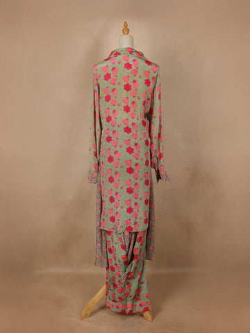 Pale Green Floral Designed Semi Silk Salwar Suit - Diadem