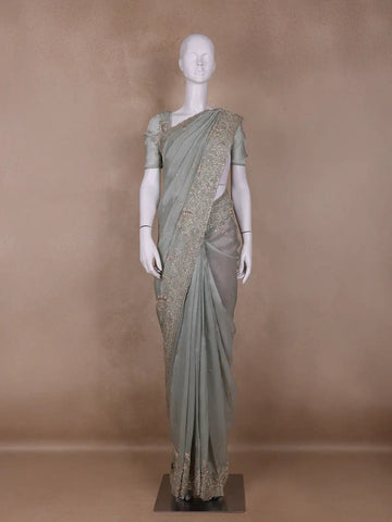 Pale Green Floral Designed Tissue Organza Saree - Diadem