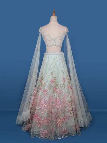 Pale Green Floral Embroidery Bridal Net Lehenga - Diadem