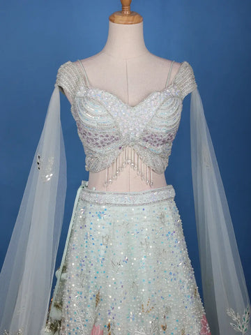 Pale Green Floral Embroidery Bridal Net Lehenga - Diadem