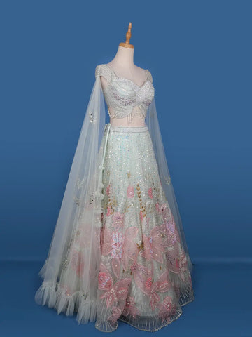 Pale Green Floral Embroidery Bridal Net Lehenga - Diadem