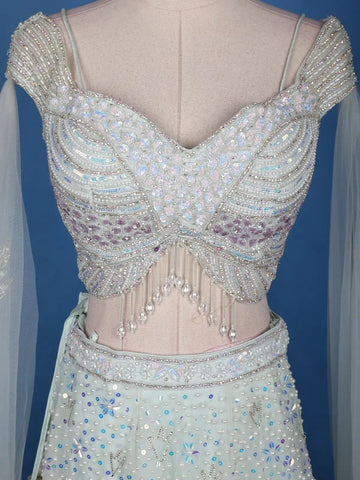 Pale Green Floral Embroidery Bridal Net Lehenga - Diadem