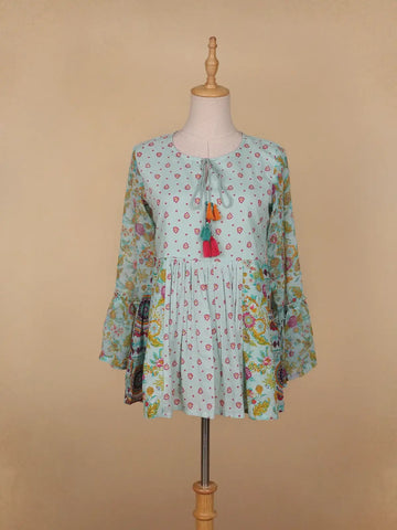 Pale Green Floral Printed Cotton Kurti Top - Diadem