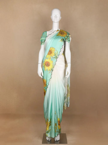 Pale Green Sun Flower Designed Satin Fancy Saree - Diadem