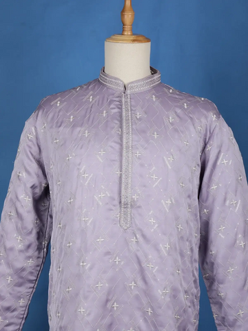 Pale Lavender Floral Designed Cotton Kurta Set, With Pant - Diadem