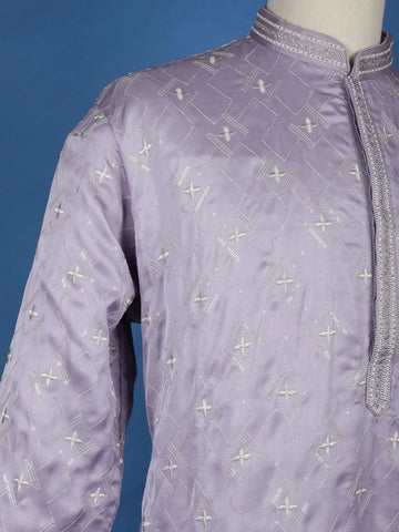 Pale Lavender Floral Designed Cotton Kurta Set, With Pant - Diadem