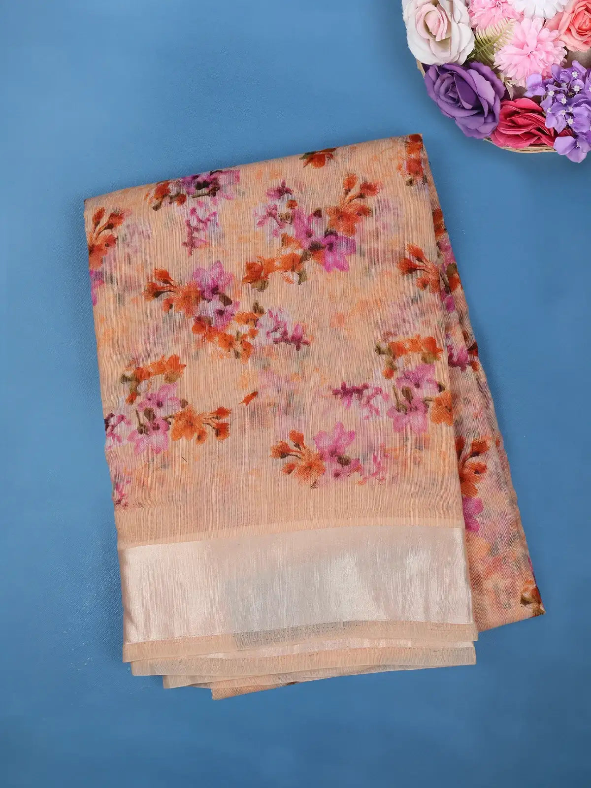 Pale Peach Floral Designed Fancy Cotton Saree - Diadem