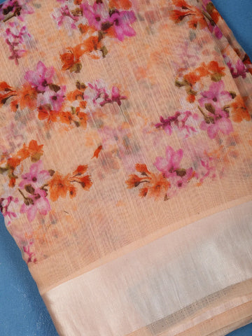 Pale Peach Floral Designed Fancy Cotton Saree - Diadem
