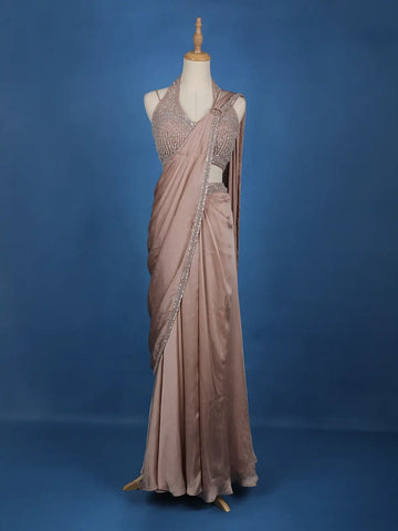 Pale Pink Beaded Designs Chiffon Ready To Wear Saree with Designer Blouse - Diadem