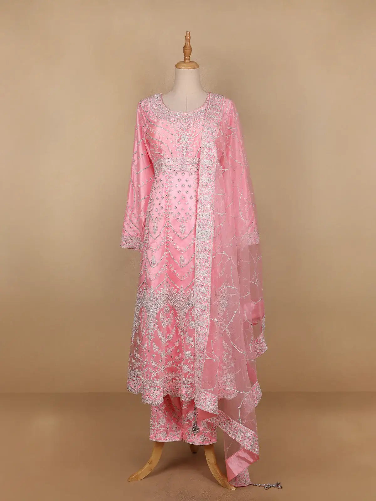 Pale Pink Floral Designed Net Salwar Suit - Diadem