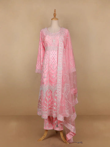 Pale Pink Floral Designed Net Salwar Suit - Diadem