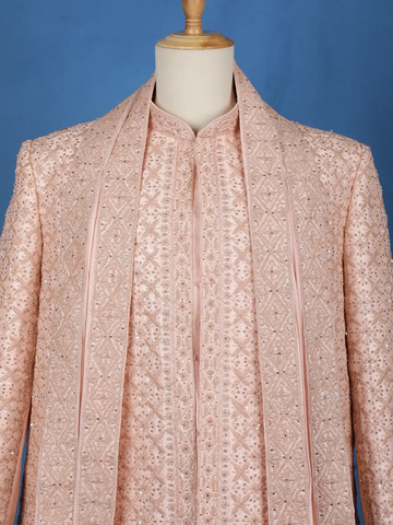 Pale Pink Floral Designed Sherwani Suit for Reception - Diadem
